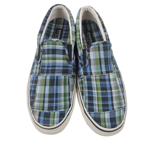 Sperry Top Sider Boat Shoes Mens Size 9.5 M Blue Green Plaid Slip-On Canvas - Picture 2 of 9